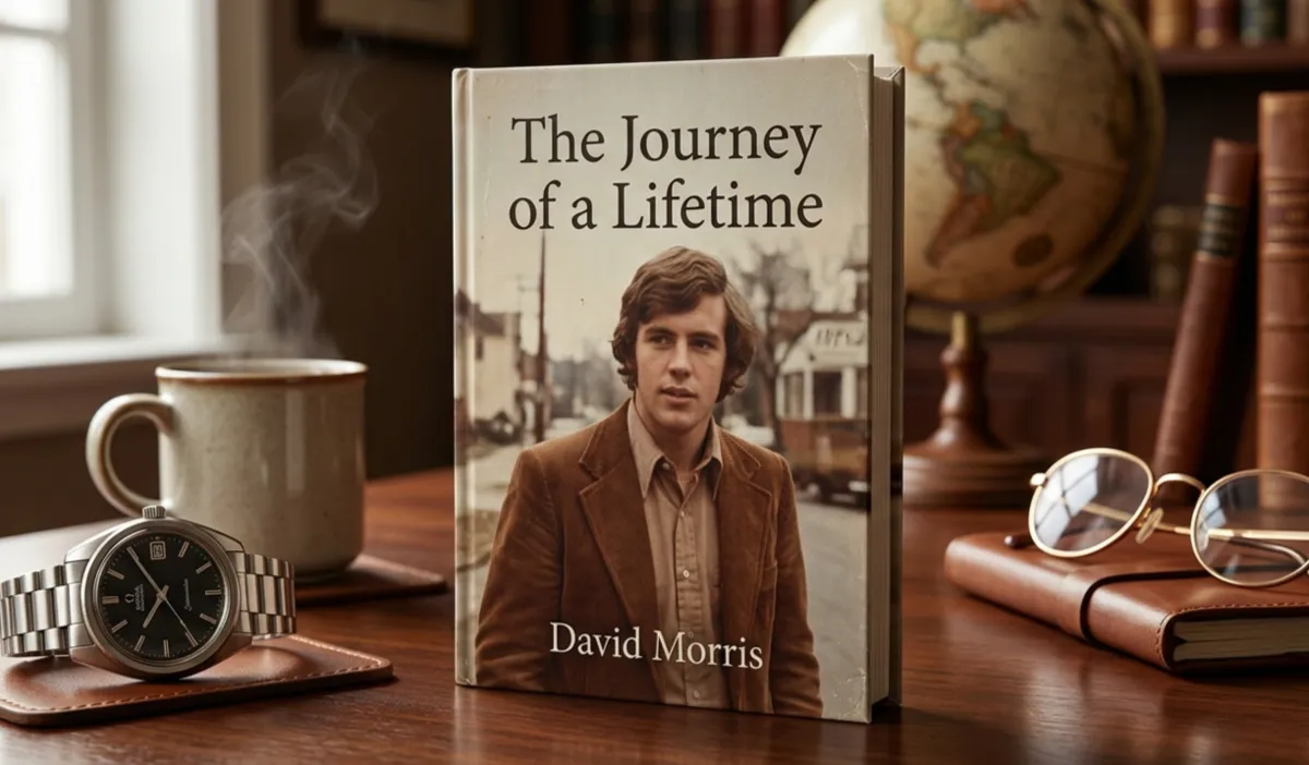 A premium hardcover book on a wooden desk